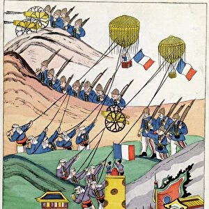 Poster showing the French troops using captured balloons at the time of the conquest of