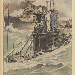 Practicing attacks by submarines against battleships on naval manoeuvres (colour litho)