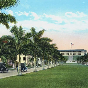 The Prado, Administration Building in the background, Balboa, Canal Zone (coloured photo)
