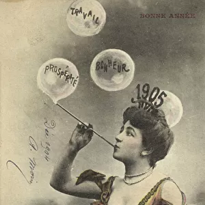 Pretty girl blowing bubbles, for 1905 (colour photo)