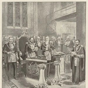 The Prince of Wales, Most Worshipful Grand Master, constituting the Chancery Bar Lodge of Freemasons, No 2456, in Lincolns Inn Hall (engraving)