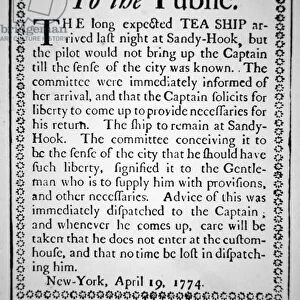 Proclamation informing the public of how a British tea ship was prevented from landing