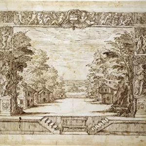 Proscenium and standing scene, c. 1635 (pen & ink on paper)