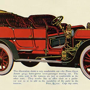Pubicitary presentation for American car Pierce Great Arrow, 1907 model, 40-45 horsepower steam engine, 7 seats, price, 000. Colour engraving