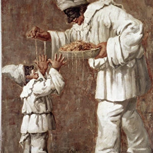 Pulcinella giving pasta to a little Pulcinella, 19th century (painting)