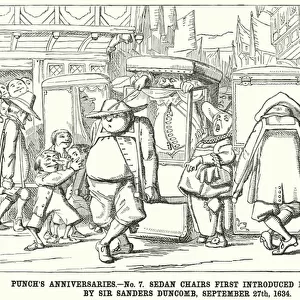 Punch cartoon: Punchs Anniversaries - No 7. Sedan Chairs First Introduced into England, by Sir Sanders Duncomb, September 27th, 1634 (engraving)