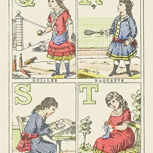 Q Rs T: Skittles, Racket, Syllabary, Knitting, 1890 (illustration)