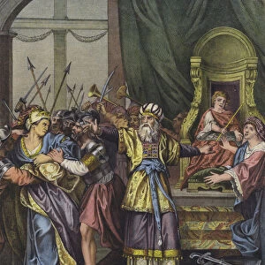 Queen Athaliah of Judah chased from the Temple and replaced as ruler by Jehoash (colour litho)