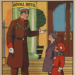 You are quite right. This is the place, said the attendant outside the Royal Hotel (colour litho)