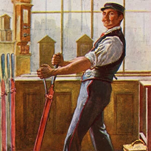 Railway signalman at the controls (colour litho)