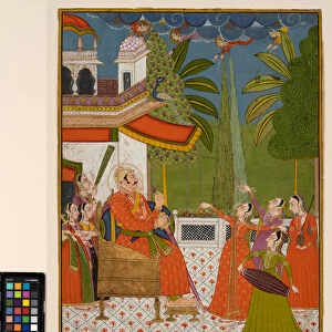 A raja on a throne being entertained by dancers and musicians, c