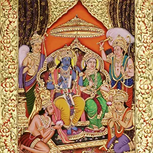 Ram Darbar in Miniature Painting on Paper with Golden Embossing