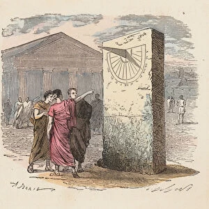 Reading time using a sundial in ancient times (coloured engraving)