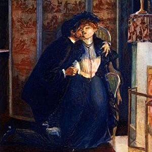 The red lily of Anatole France (1844 - 1924), 1894. A couple kisses in front of a screen
