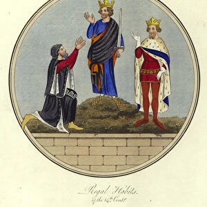 Regal habits of the 14th Century (coloured engraving)
