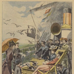 Releasing carrier pigeons from a ship at sea (colour litho)