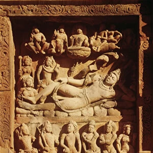 Relief depicting Vishnu reclining on the serpent, Sesha, from the Temple of Vishnu, c