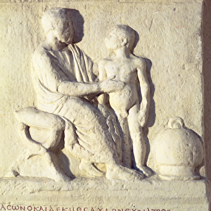 Relief depicting a visit to the doctor (stone) with Greek inscription
