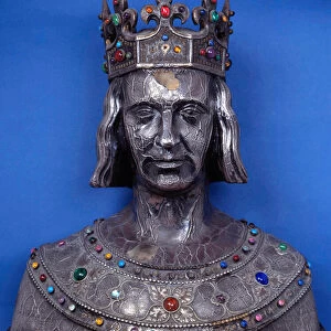 Reliquary bust of Louis IX (Saint Louis) (1225-1270) in silver set with precious stones. Tresor of the cathedrale Notre-Dame de Paris - Bust raelise in 1857, by Jean-Alexandre Chertier after a drawing by Viollet-le-Duc