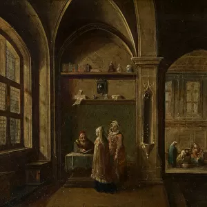 A Renaissance Interior with figures : The Birth of St John, c. 1600-49 (oil on copper)