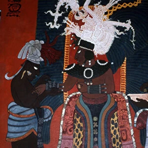 Reproduction of a mural showing a servant dressing a ruler for a ceremony
