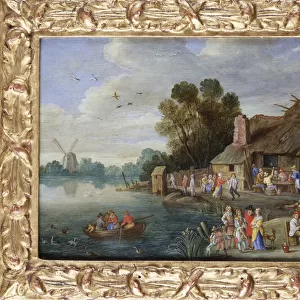 A River Landscape with Gentry at a Village Inn (oil on copper)
