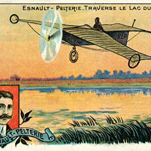 Robert Esnault-Pelterie flying over the Lac du Trou Sale, France, 1908 (chromolitho)