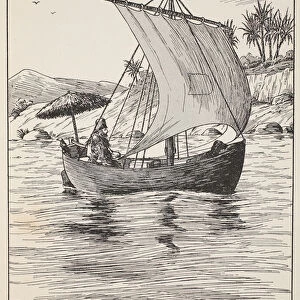 Robinson Crusoe on his boat, illustration from The Story of Robinson Crusoe