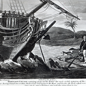 Robinson Crusoe carrying away on his raft the most useful remains of the wreck (engraving)