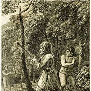 Robinson Crusoe first sees and rescues his man Friday from "