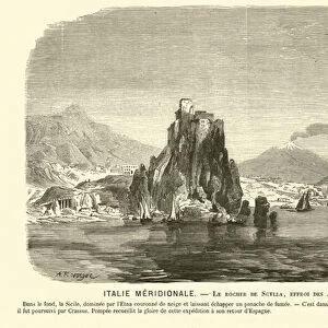 The Rock of Scylla, dreaded by ancient mariners, Sicily, Italy (engraving)