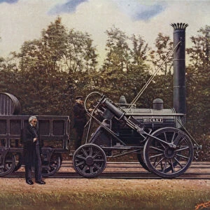 The Rocket and its designer, George Stephenson, the Father of British Railways, London and North Western Railway (colour litho)