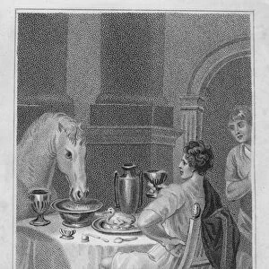 The Roman Emperor Caligula entertaining his favourite horse, Incitatus, at supper (engraving)