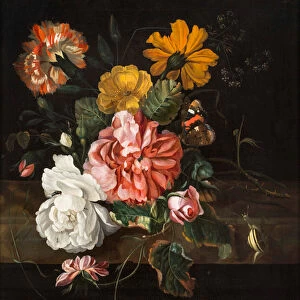 Roses with a Butterfly, Bluebottle and a Snail on a Stone Ledge (oil on canvas)