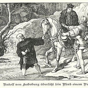 Rudolf I of Habsburg giving his horse to a priest, 13th Century (engraving)