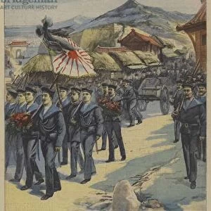 The Russo-Japanese War: Japanese paying their final respects to two Russian sailors from the cruiser Varyag after the Battle of Chemulpo Bay (colour litho)