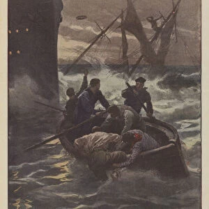 Sad Christmas, sailing ship sunk in Genoa by a large German steamer and dramatic crew rescue (colour litho)