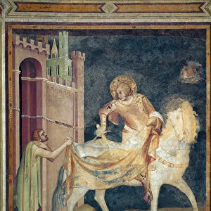 Saint Martin shares his coat with a beggar. Fresco by Simone Martini (1282-1344). 1315