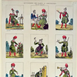 Saint-Simonian Women and their occupations, c. 1830 (colour litho)