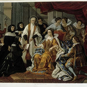 Saint Vincent de Paul presents to Anne of Austria the first Daughters of Charity (also called "Sisters of Saint Vincent de Paul") - from a painting of the 18th century