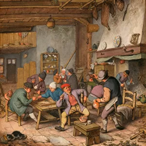 Salle dans une auberge avec des paysans buvant, fumant et jouant au backgammon (Room in an Inn with Peasants Drinking, Smoking and Playing Backgam) - Oeuvre de Adriaen Jansz van Ostade (1610-1685) Crayon, craie et aquarelle sur papier