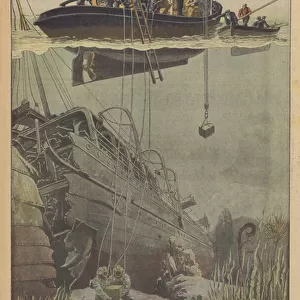 Salvage of bullion from the wreck of the Oceana (colour litho)