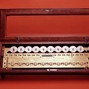 Samuel Morland's mechanical calculator in brassware and silver, 1664 (brass)
