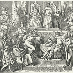 The Sangerkrieg, a contest between minstrels at the Wartburg castle in Thuringia in 1207 (engraving)