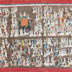 Sansar Chand seated on an elephant, surrounded by an army on foot and on horseback, c