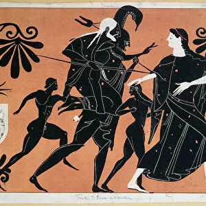 Scene from an ancient Greek vase depicting the flight of Aeneas from Troy with his sons