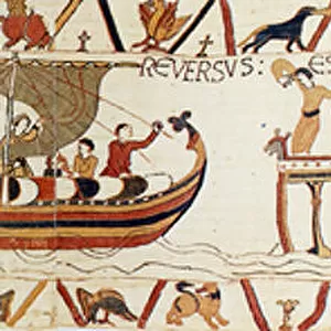 A scene from the Bayeux Tapestry depicting King Edward talking with Harold