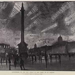 Scene imagining advertisements projected into the night sky above Trafalgar Square, London (litho)