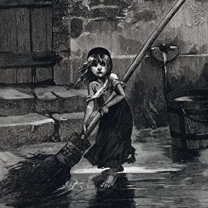 Scene from Les Miserables, by Victor Hugo: Cosette sweeping (engraving)