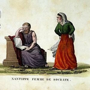 Scene de menage between Socrates and his wife Xantippe (Xanthippe) - engraving